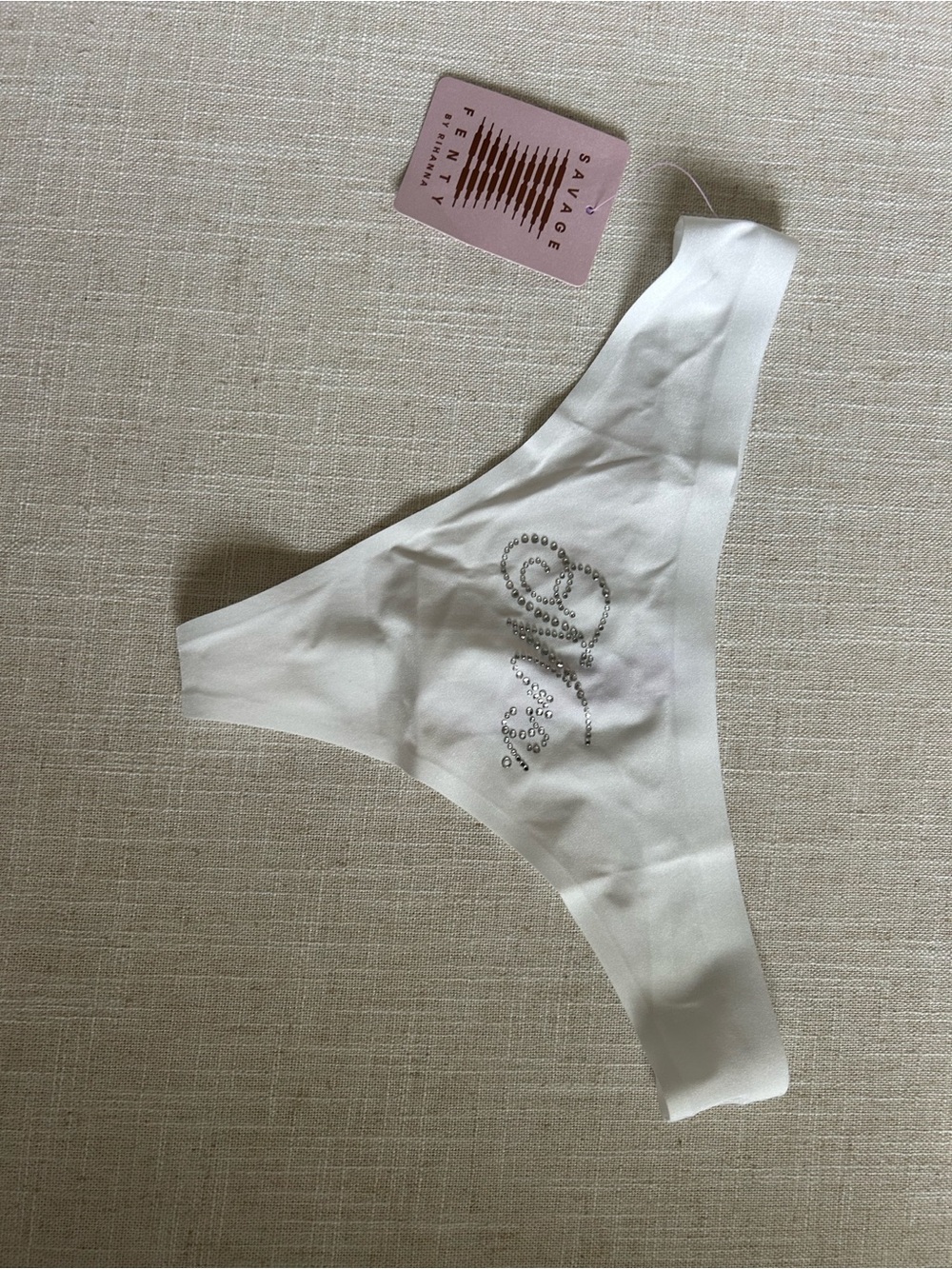 Savage X Fenty White Rhinestone Logo Bridal Thong